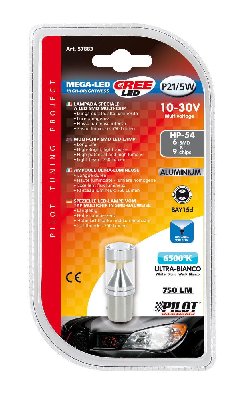 12/24V Mega-Led 54 - 6 SMD x 9 chips - (P21/5W) - BAY15d - 1 pz - D/Blister - Bianco