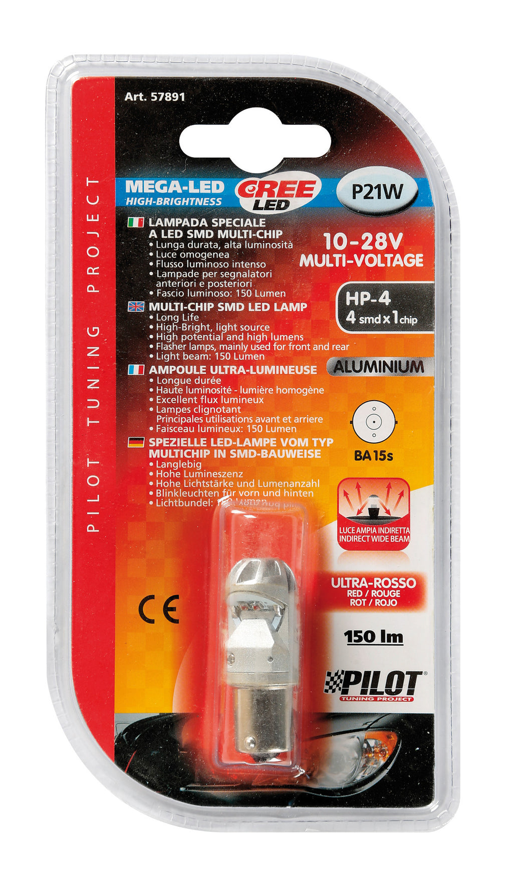 12/24V Led Series - 4 SMD x 1 chip - (P21W) - BA15s - 1 pz - D/Blister - Rosso