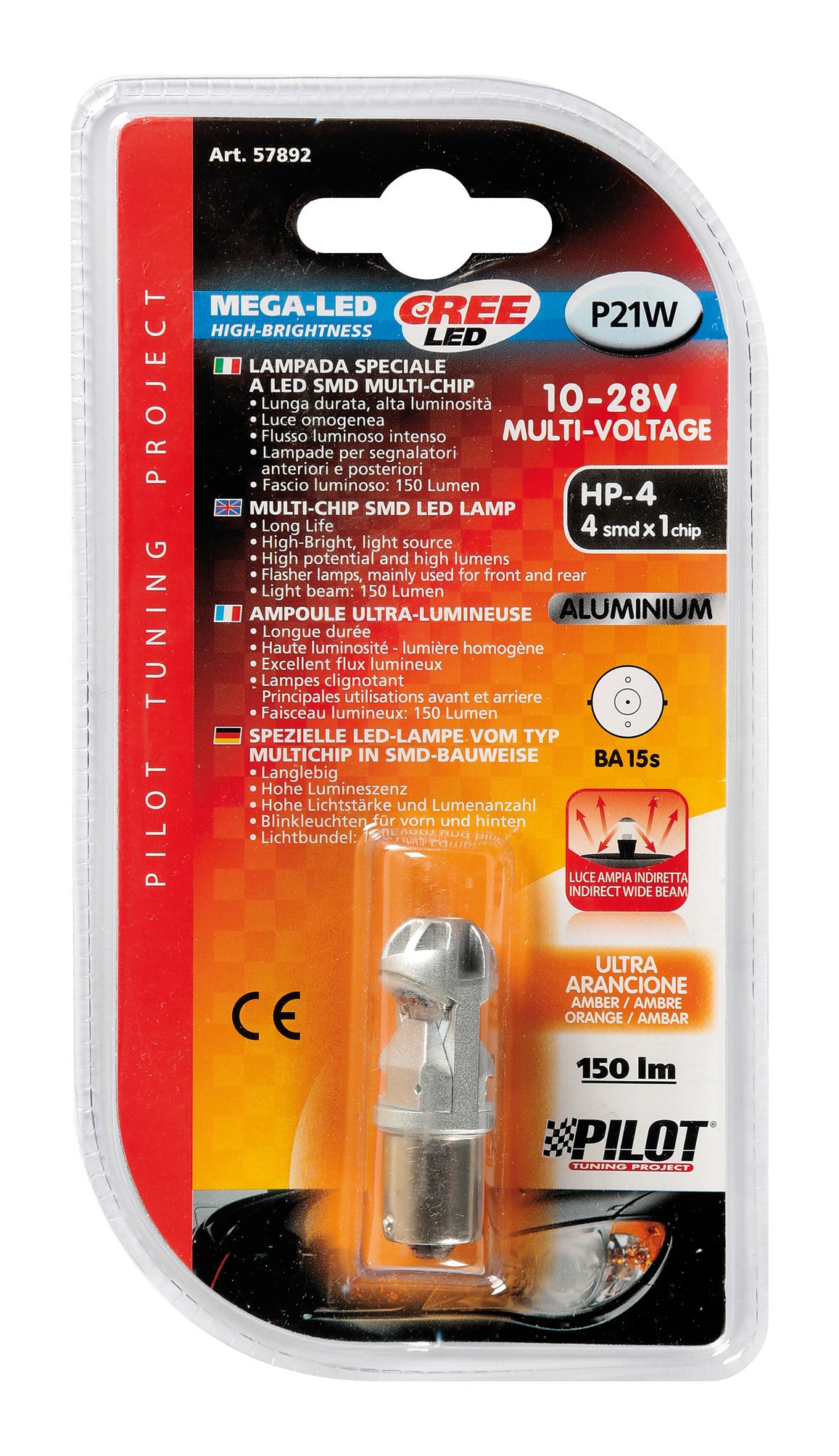 12/24V Led Series - 4 SMD x 1 chip - (P21W) - BA15s - 1 pz - D/Blister - Arancio