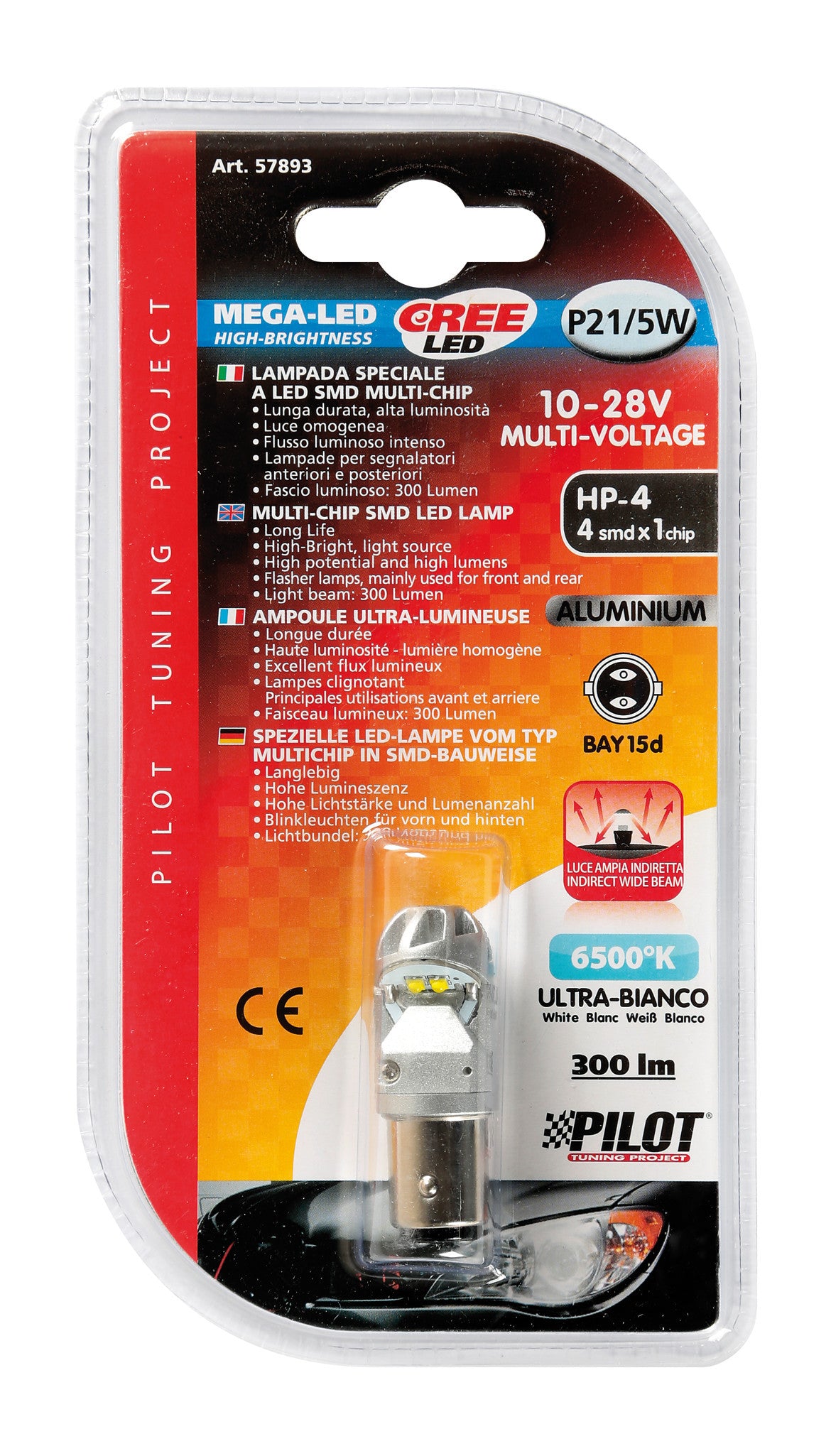 12/24V Mega-Led HP-4 - 4 SMD x 1 chip - (P21/5W) - BAY15d - 1 pz - D/Blister - Bianco