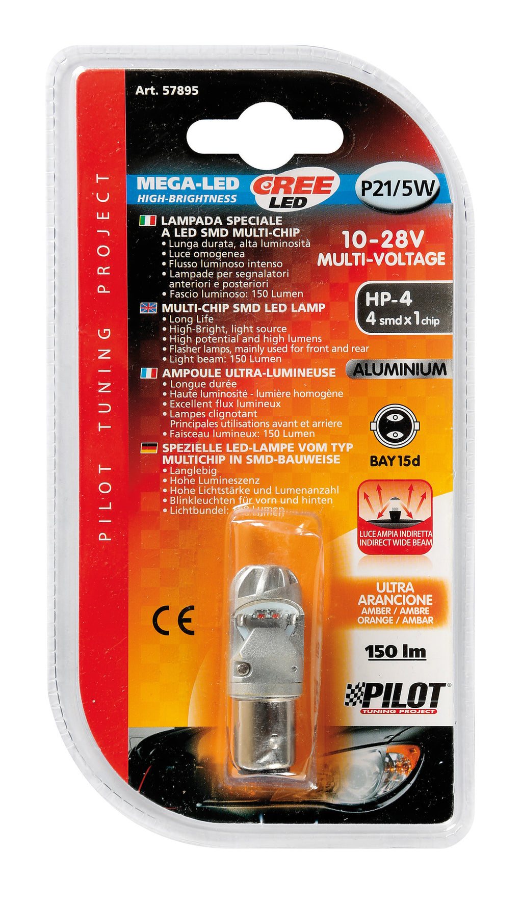 12/24V Mega-Led HP-4 - 4 SMD x 1 chip - (P21/5W) - BAY15d - 1 pz - D/Blister - Arancio