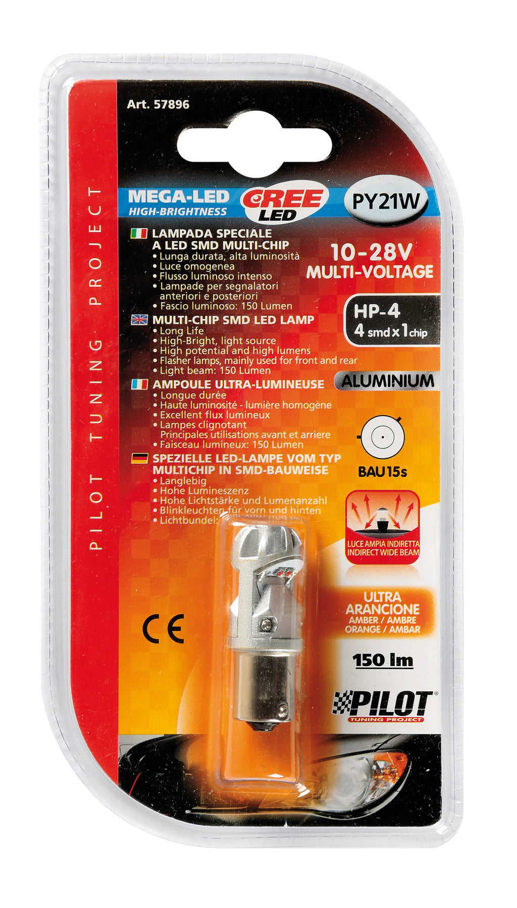 12/24V Mega-Led HP-4 - 4 SMD x 1 chip - (PY21W) - BAU15s - 1 pz - D/Blister - Arancio