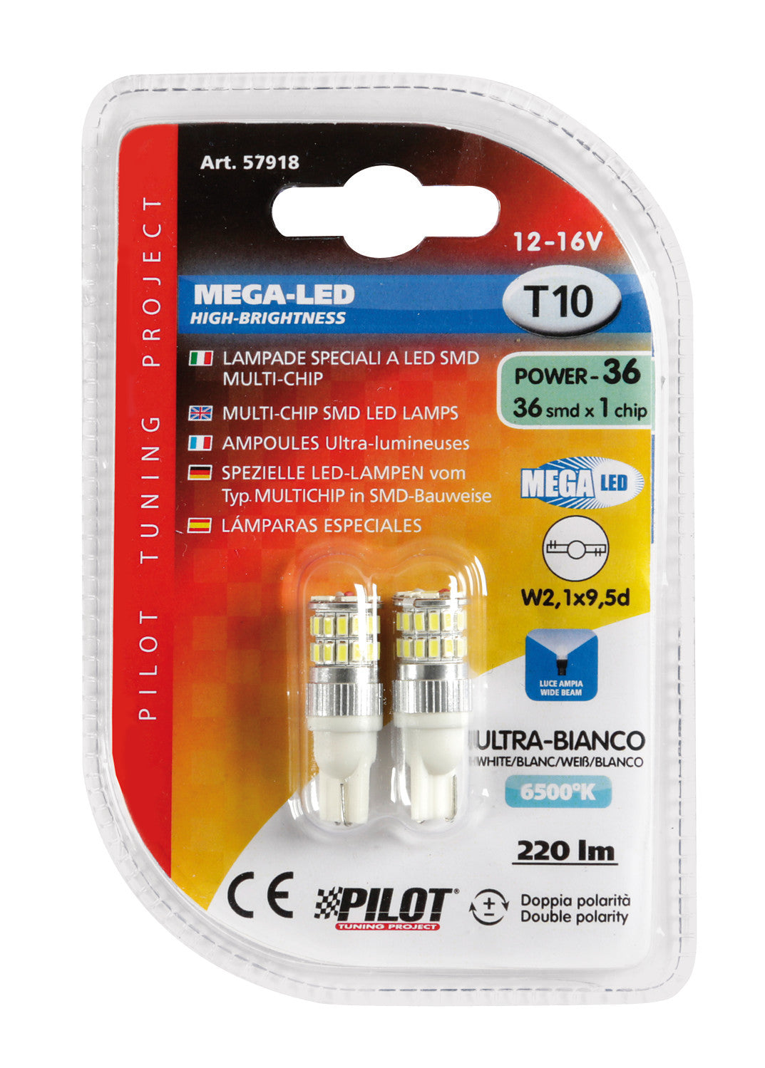 12V Mega-Led 36 - 36 SMD x 1 chip - (T10) - W2,1x9,5d - 2 pz - D/Blister - Bianco - Doppia polarità