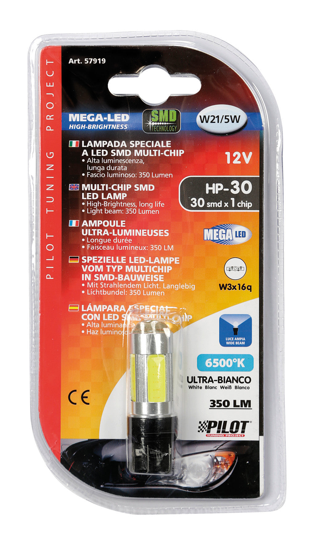12V Mega-Led 30 - 30 SMD x 1 chip - (W21/5W) - W3x16q - 1 pz - D/Blister - Bianco