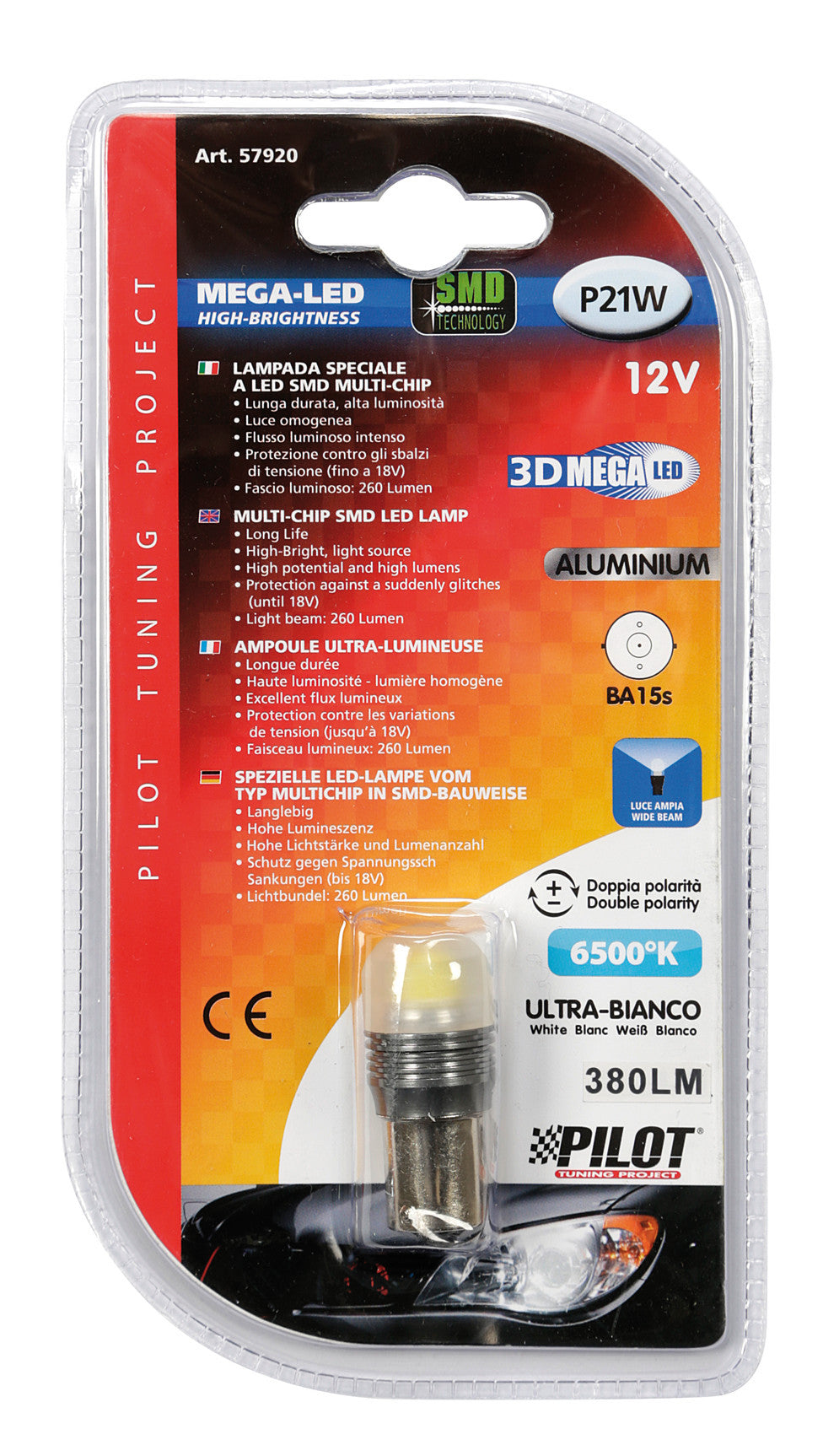 12V Led Series - 1 Super SMD x 1 chip - (P21W) - BA15s - 1 pz - D/Blister - Bianco - Doppia polarità