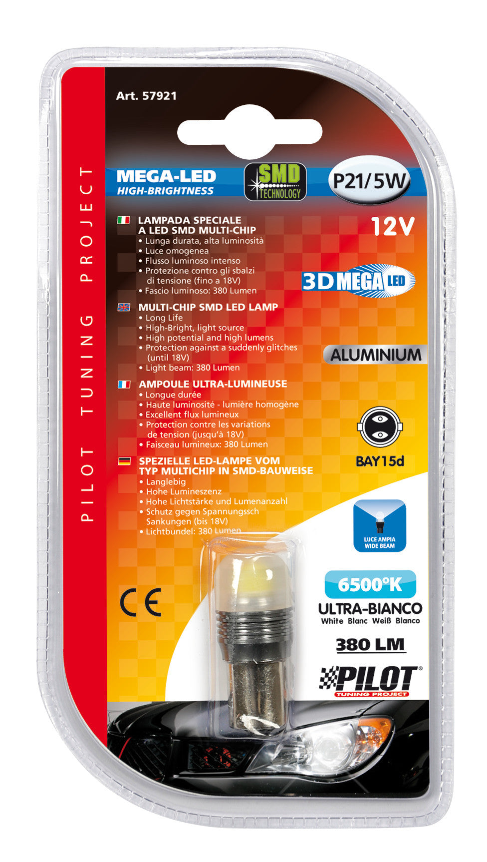 12V Mega-Led 3D - 1 Super SMD x 1 chip - (P21/5W) - BAY15d - 1 pz - D/Blister - Bianco