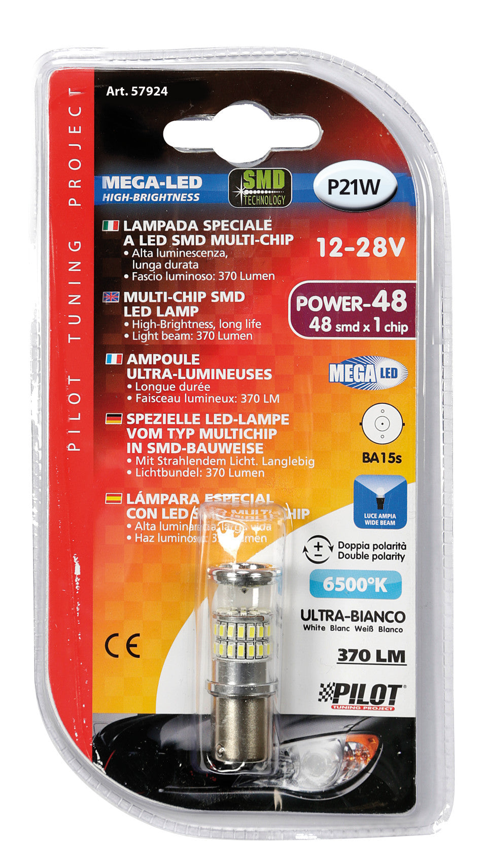 12/24V Led Series - 48 SMD x 1 chip - (P21W) - BA15s - 1 pz - D/Blister - Bianco - Doppia polarità