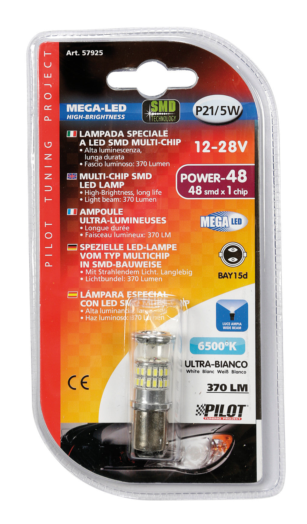 12/24V Mega-Led 48 - 48 SMD x 1 chip - (P21/5W) - BAY15d - 1 pz - D/Blister - Bianco