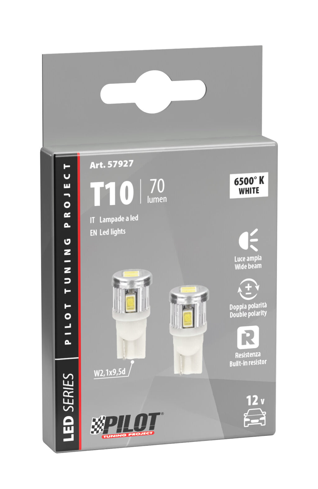 12V Mega-Led 6 - 6 SMD x 1 chip - (T10) - W2,1x9,5d - 2 pz - Scatola - Bianco - Doppia polarità - Resistenza incorporata