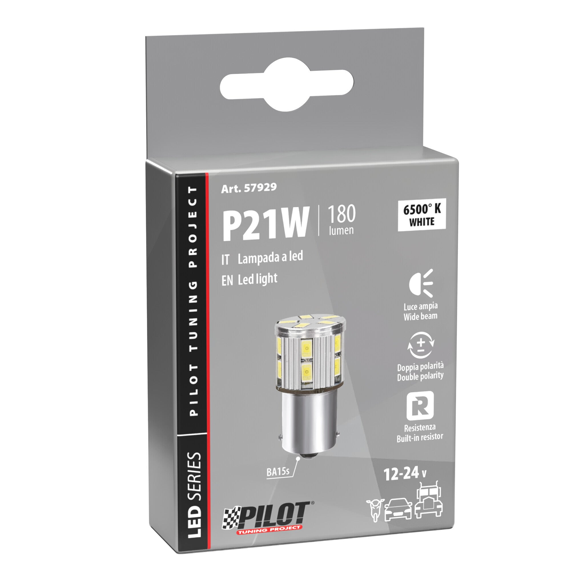 12/24V Led Series - 17 SMD x 1 chip - (P21W) - BA15s - 1 pz - Scatola - Bianco - Doppia polarità - Resistenza incorporata