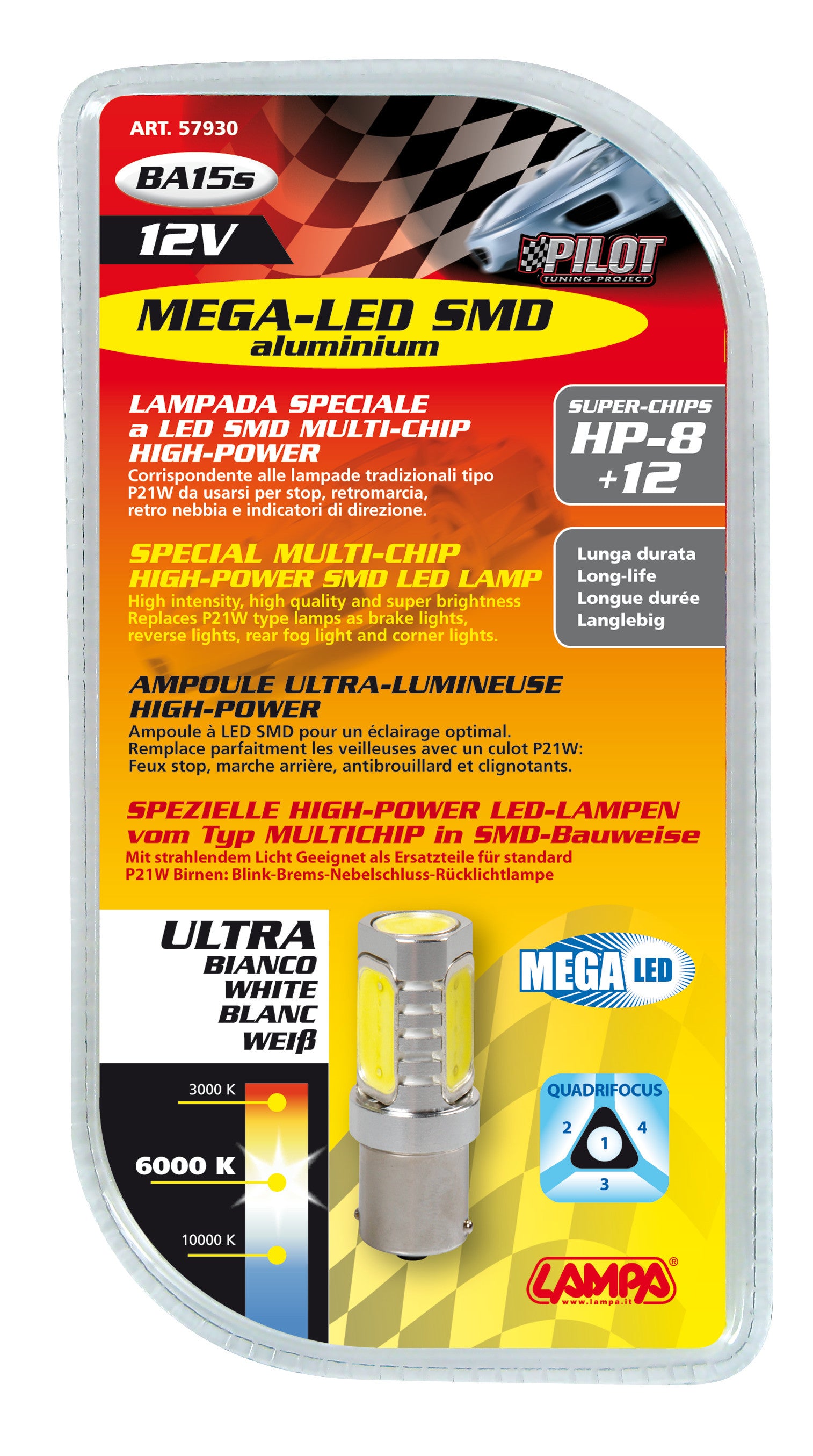 12V Led Series - 8 super chips + 12 chips - (P21W) - Quadrifocus - BA15s - 1 pz - D/Blister - Bianco