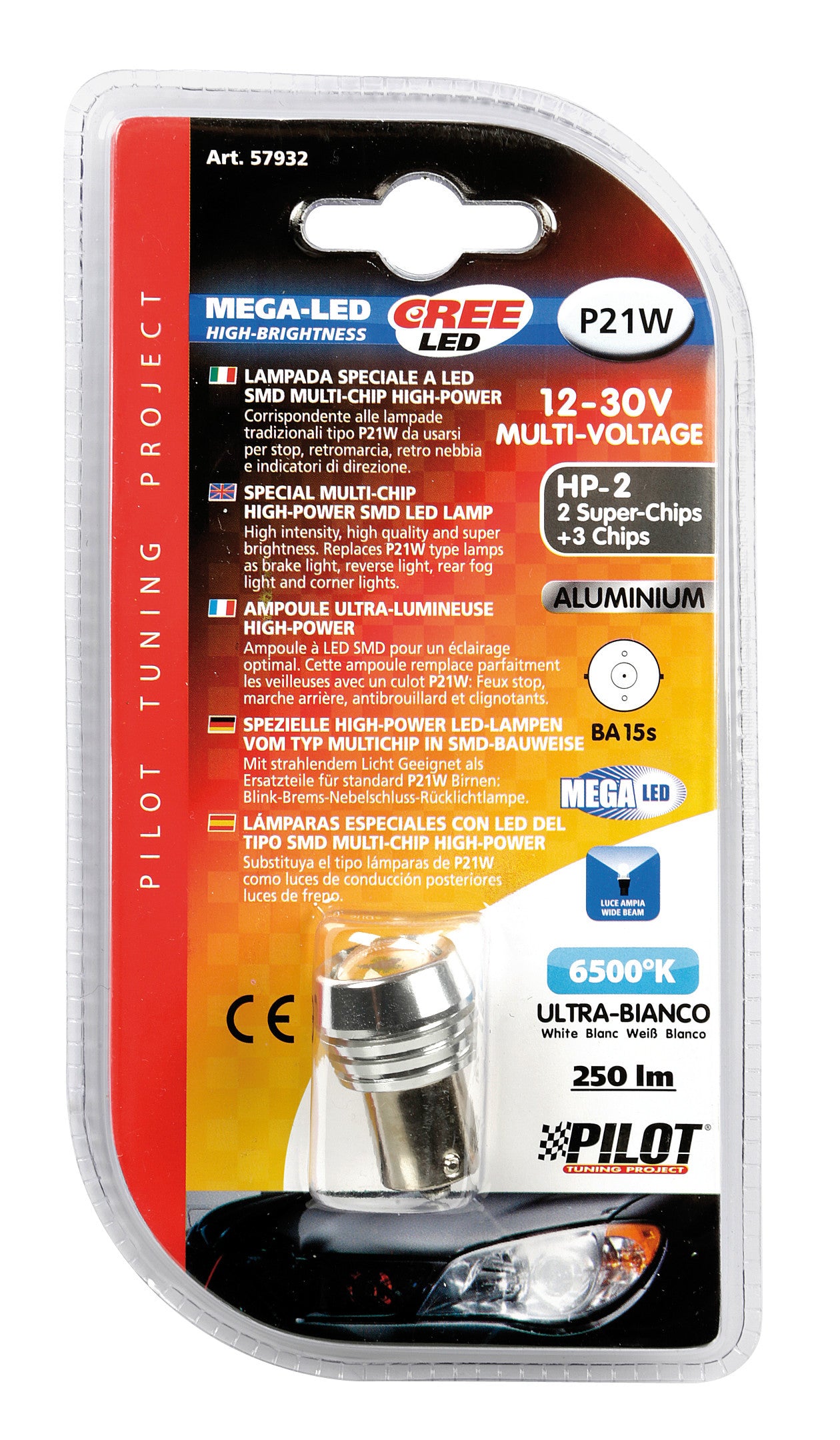 12V Led Series - 2 super chips + 3 chips - (P21W) - BA15s - 1 pz - D/Blister - Bianco