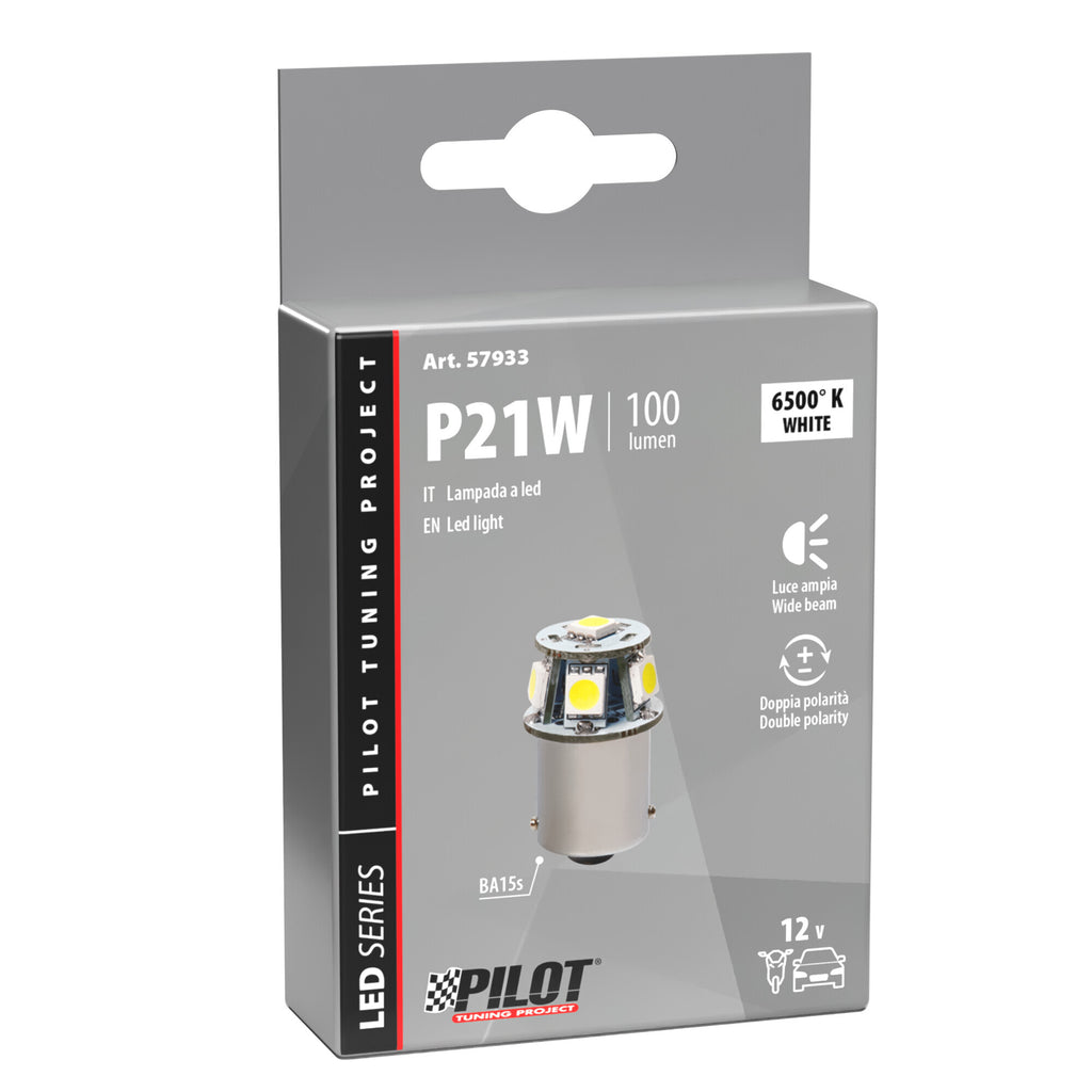 12V Led Series - 6 SMD x 3 chips - (P21W) - BA15s - 1 pz - Scatola - Bianco - Doppia polarità