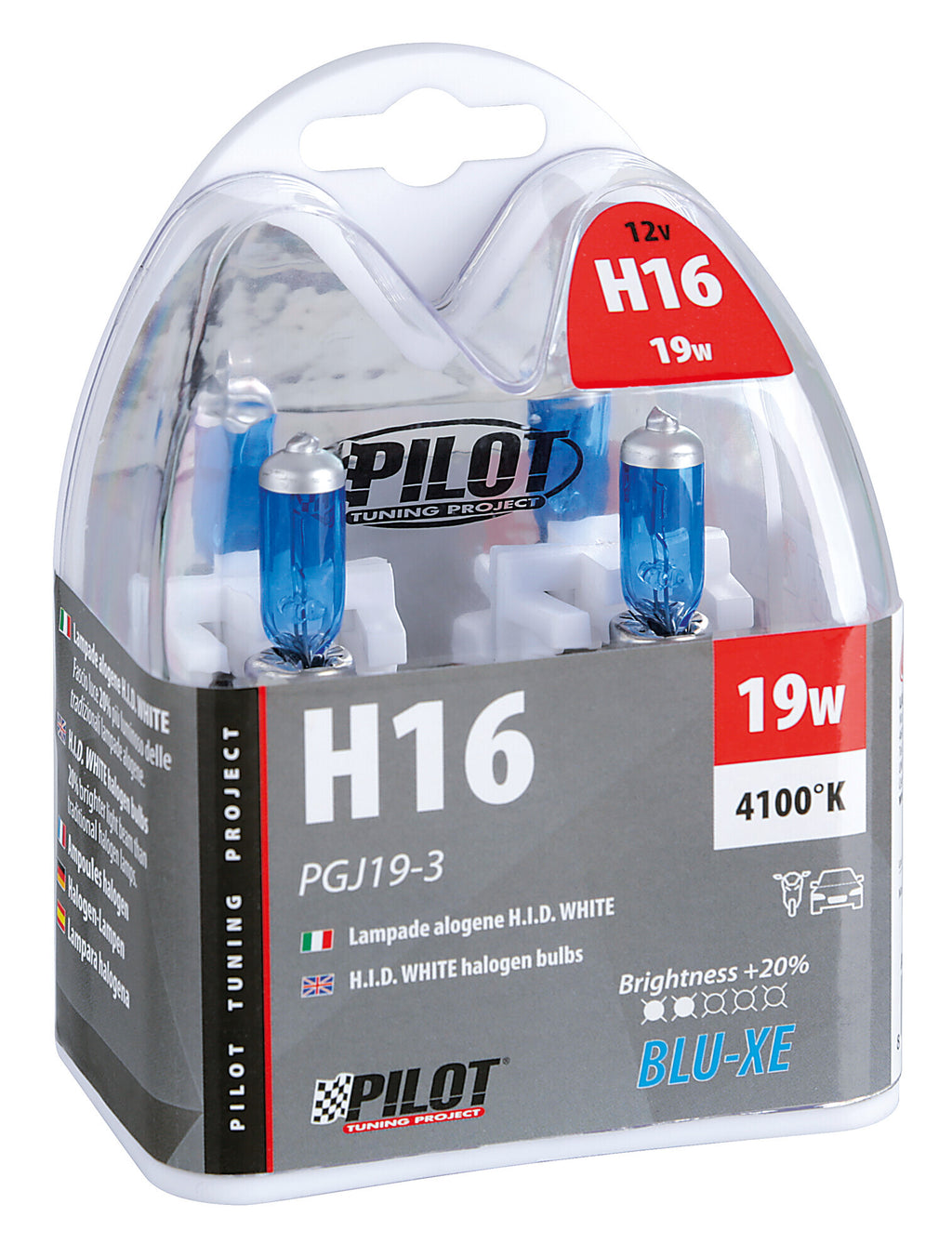 12V Lampada alogena Blu-Xe - H16 - 19W - PGJ19-3 - 2 pz - Scatola Plast.
