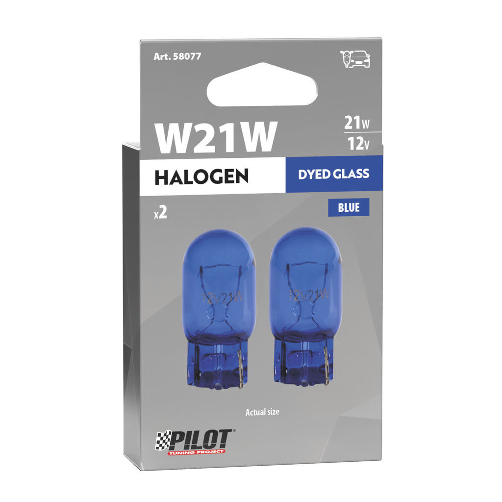 12V Blue Dyed Glass, Lampada zoccolo vetro - (W21W) - 21W - W3x16d - 2 pz - Scatola
