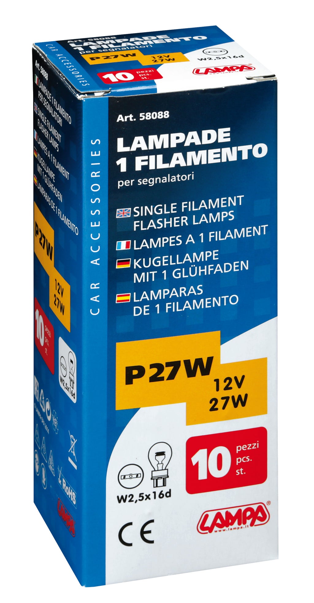 12V Lampada 1 filamento - P27W - 27W - W2,5x16d - 10 pz - Scatola