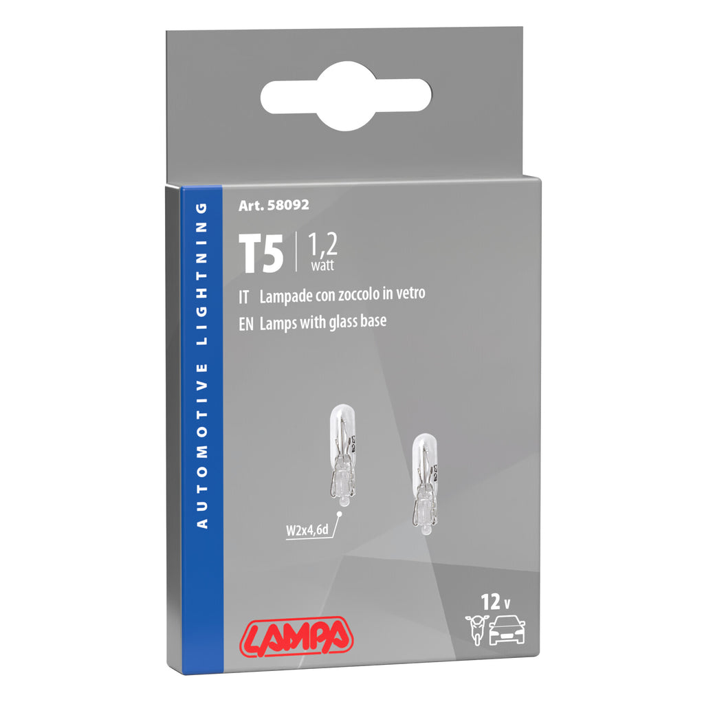 12V Lampada con zoccolo vetro - T5 - 1,2W - W2x4,6d - 2 pz - Scatola
