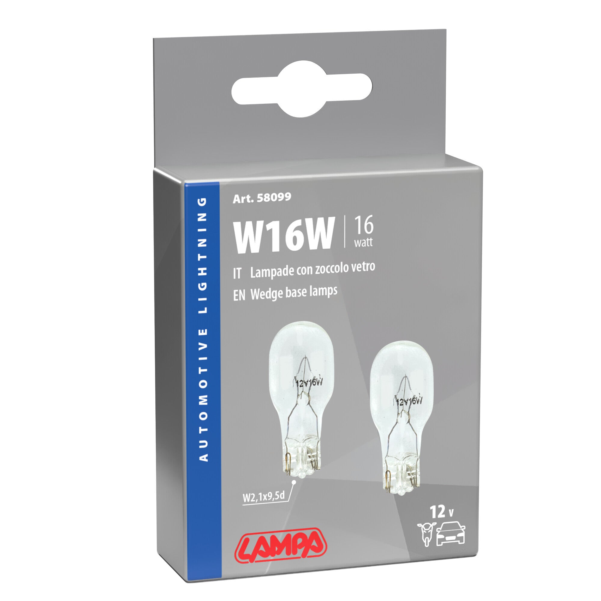 12V Lampada con zoccolo vetro - W16W - 16W - W2,1x9,5d - 2 pz - Scatola