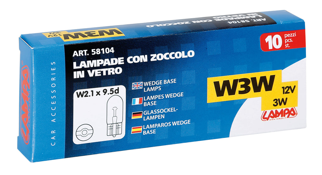 12V Lampada con zoccolo vetro - W3W - 3W - W2,1x9,5d - 10 pz - Scatola