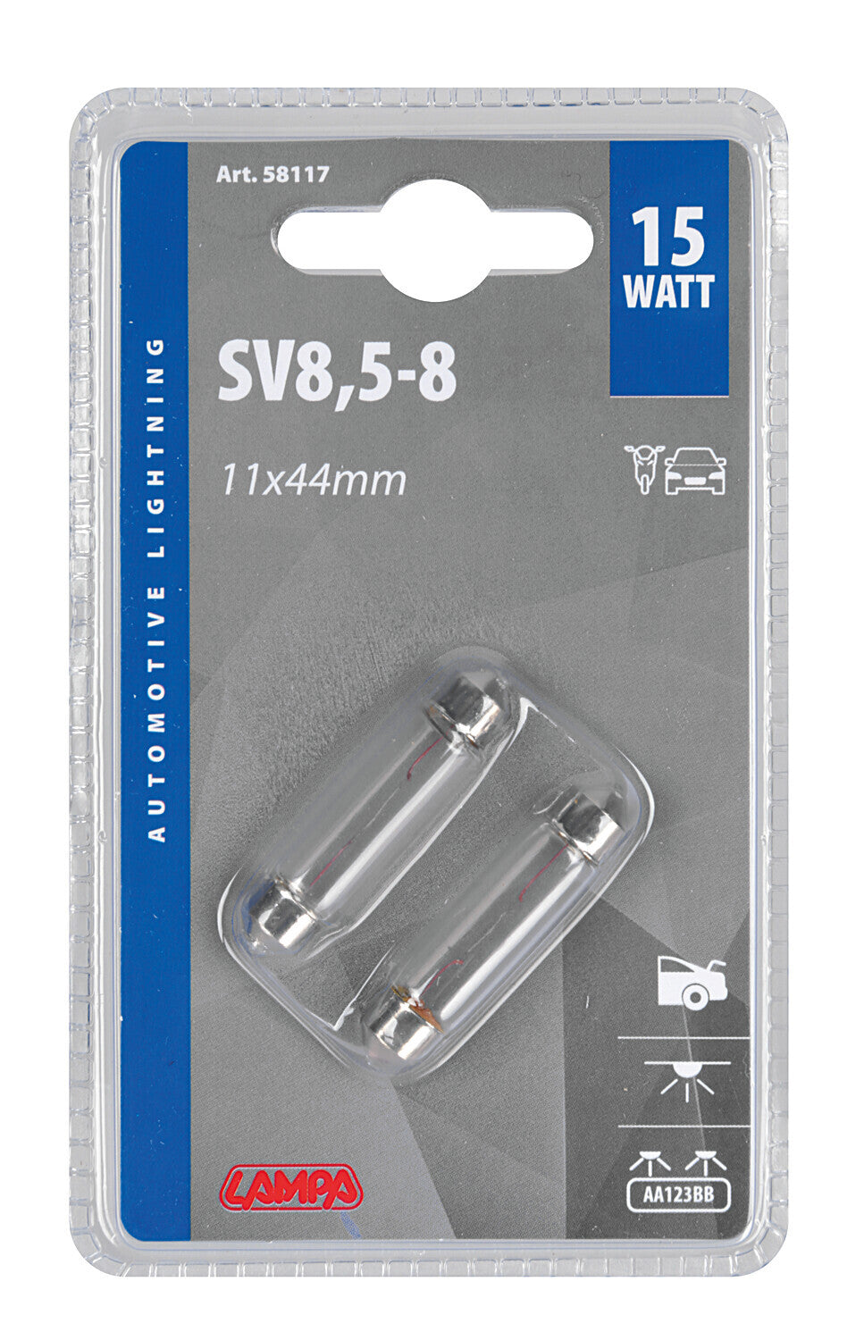 12V Lampada siluro - 11x44 mm - 15W - SV8,5-8 - 2 pz - D/Blister