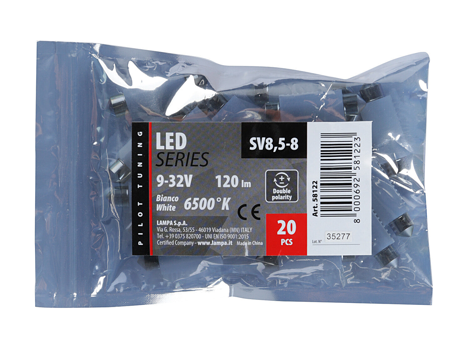 12/24V Led Series - 2 SMD x 1 chip - 12x41 mm - SV8,5-8 - 20 pz - Busta - Bianco - Doppia polarità - Resistenza incorporata