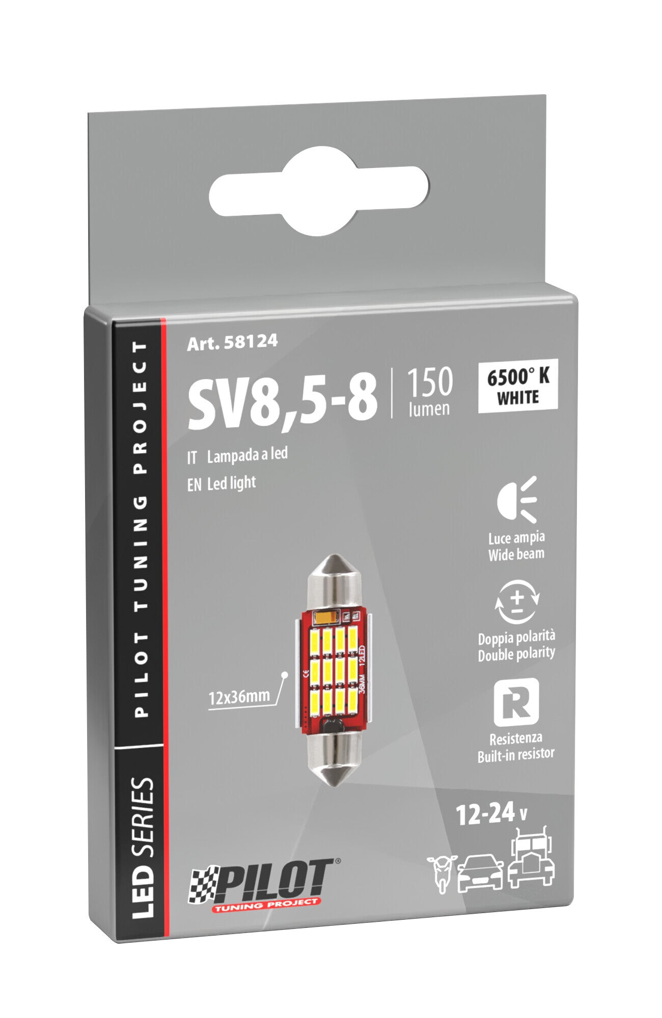 12/24V Led Series - 12 SMD x 1 chip - (C5W) - 12x36 mm - SV8,5-8 - 1 pz - Scatola - Bianco - Doppia polarità - Resistenza incorporata