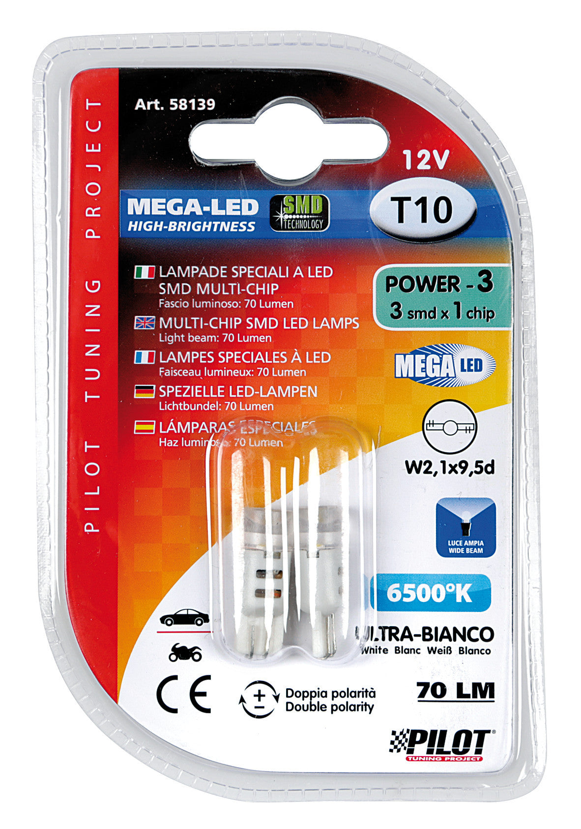 12V Mega-Led 3 - 3 SMD x 1 chip - (T10) - W2,1x9,5d - 2 pz - D/Blister - Bianco - Doppia polarità