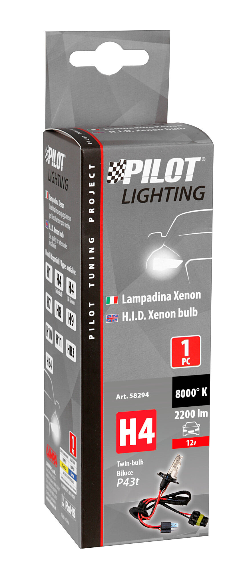 12V Lampadina HID Xenon 8.000K - H4 - 1 pz - Scatola - (Bi-Lampada)