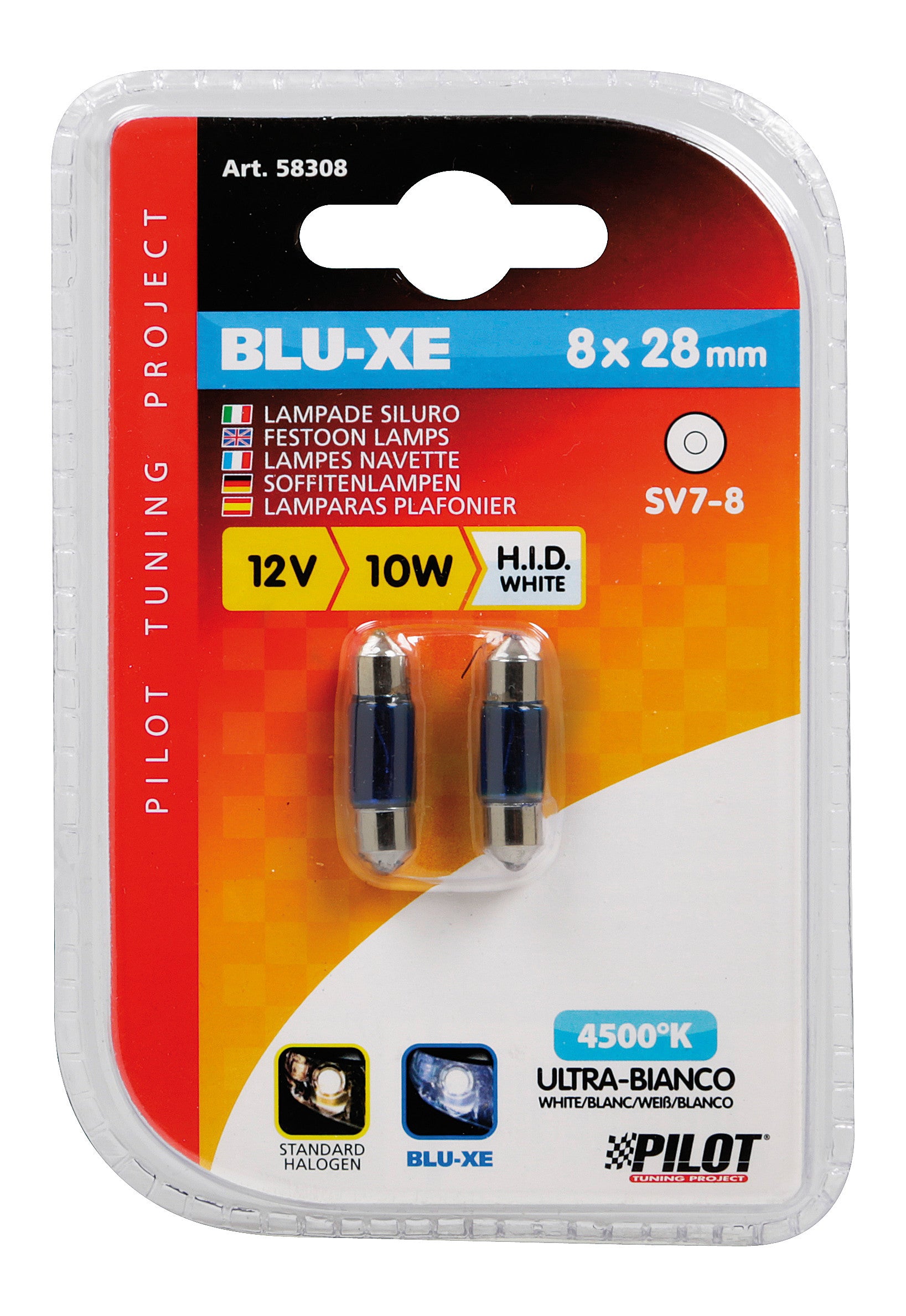 12V Lampada siluro Blu-Xe - 8x28 mm - 10W - SV7-8 - 2 pz - D/Blister