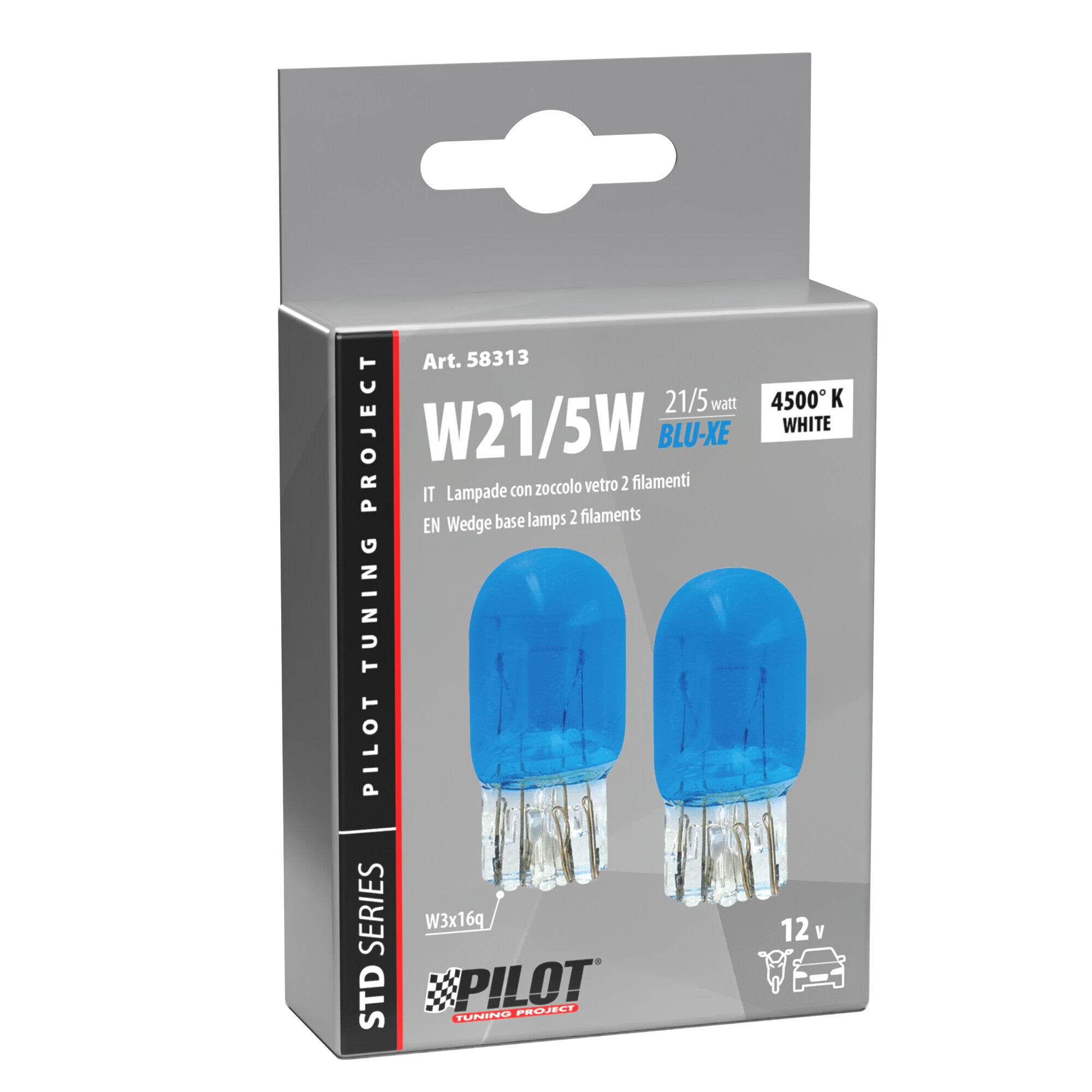 12V Lampada con zoccolo vetro Blu-Xe 2 filamenti - (W21/5W) - 21/5W - W3x16q - 2 pz - Scatola