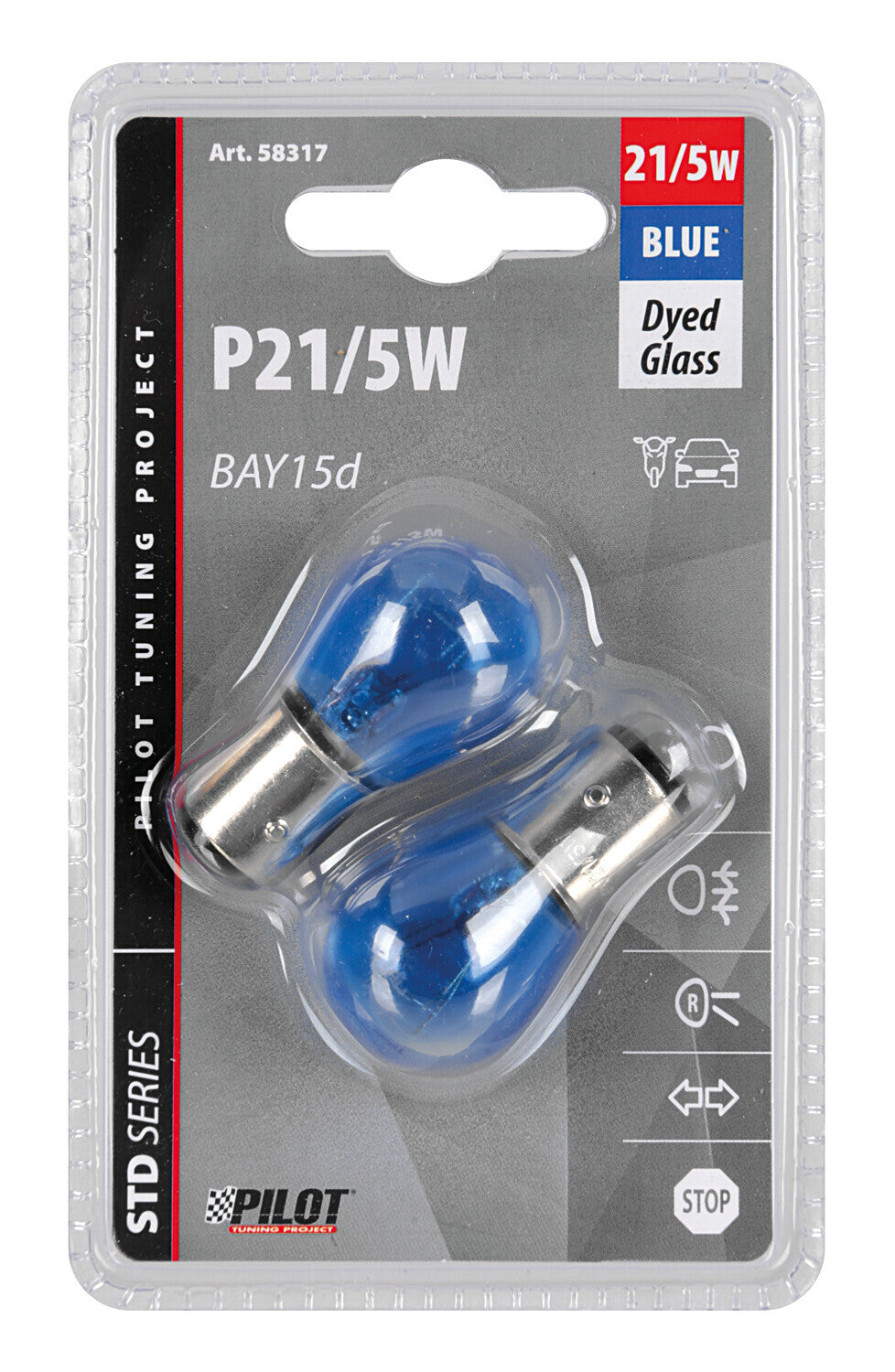 12V Blue Dyed Glass, Lampada 2 filamenti - (P21/5W) - 21/5W - BAY15d - 2 pz - D/Blister - Blu