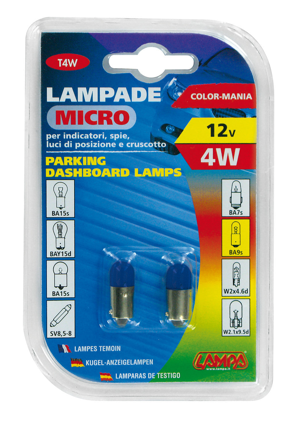 12V Lampada micro - (T4W) - 4W - BA9s - 2 pz - D/Blister - Blu