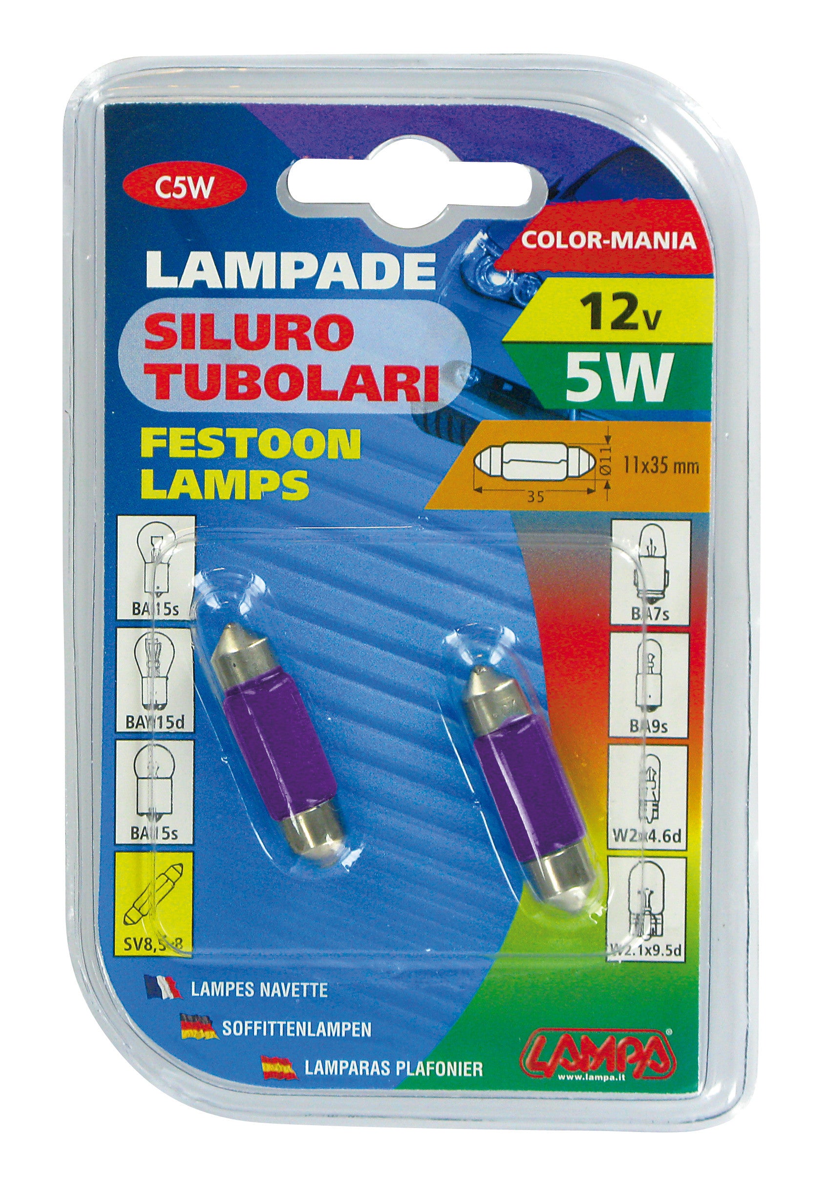 12V Lampada siluro - (C5W) - 11x35 mm - 5W - SV8,5-8 - 2 pz - D/Blister - Viola