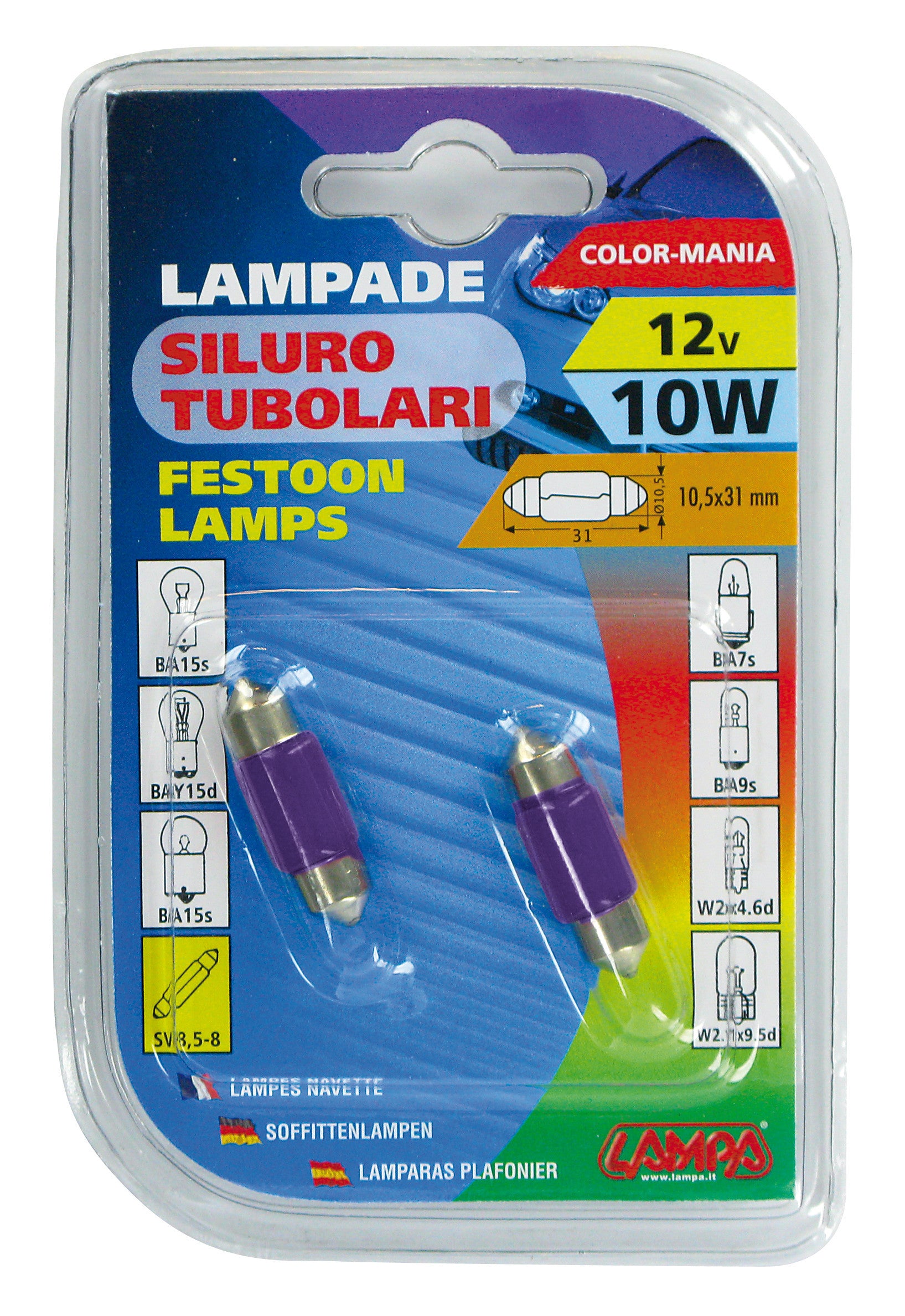 12V Lampada siluro - 11x31 mm - 10W - SV8,5-8 - 2 pz - D/Blister - Viola
