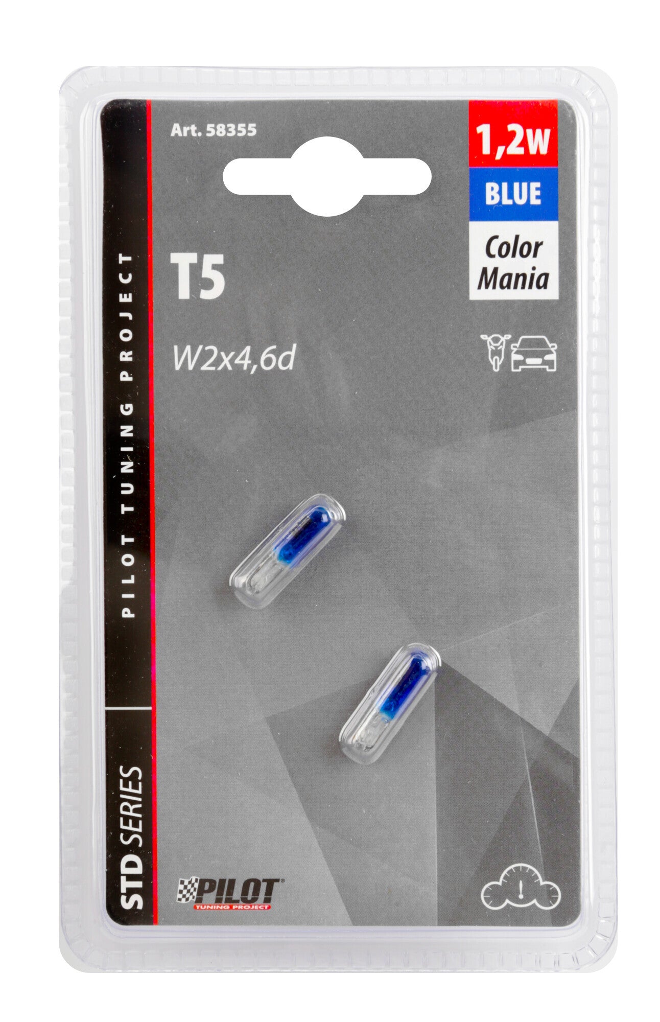 12V Lampada con zoccolo vetro - (T5) - 1,2W - W2x4,6d - 2 pz - D/Blister - Blu