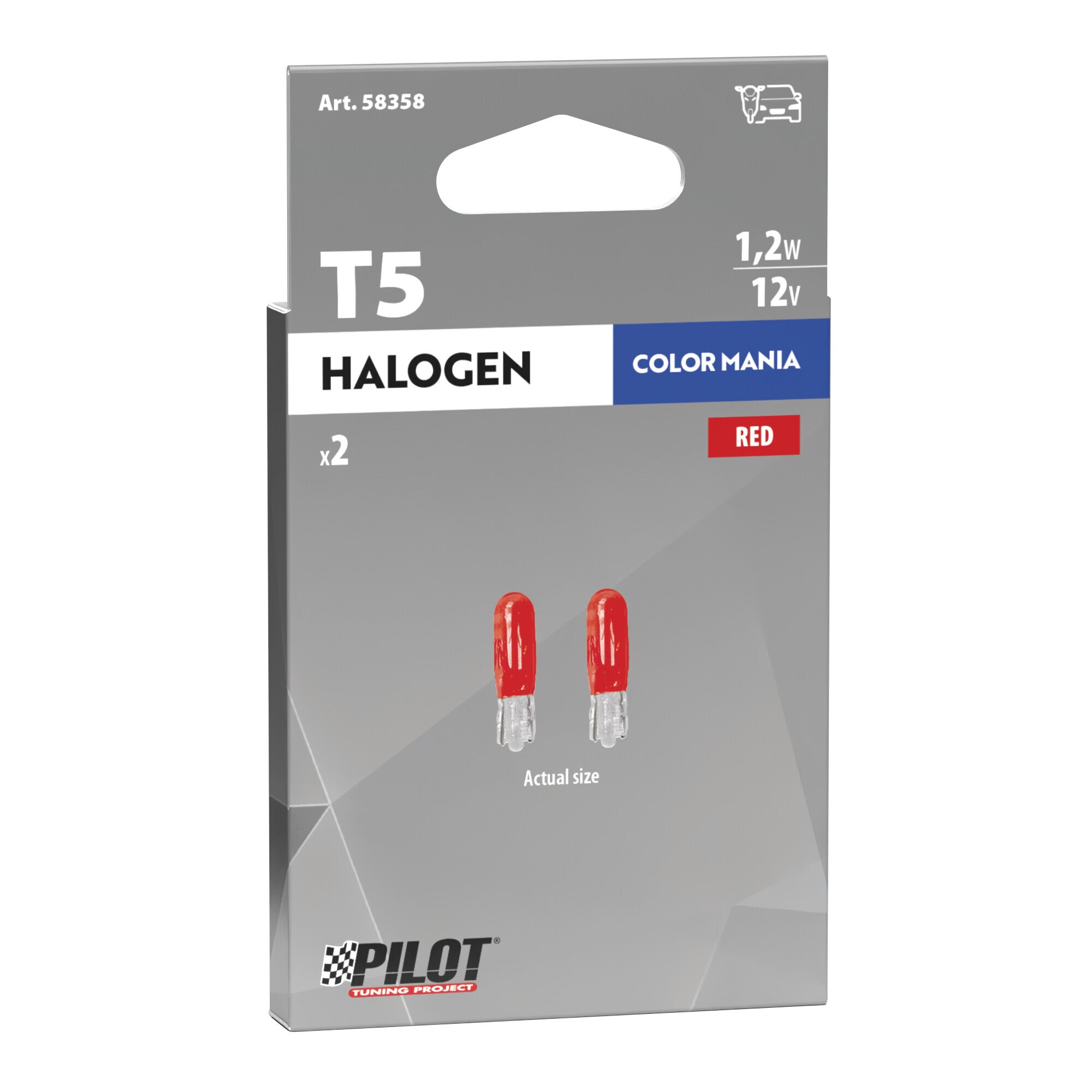 12V Lampada con zoccolo vetro - (T5) - 1,2W - W2x4,6d - 2 pz - Scatola - Rosso