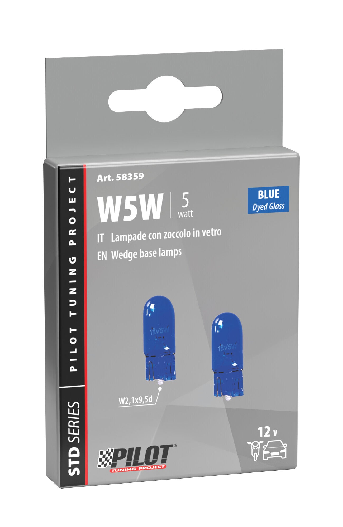 12V Blue Dyed Glass, Lampada zoccolo vetro - (W5W) - 5W - W2,1x9,5d - 2 pz - Scatola
