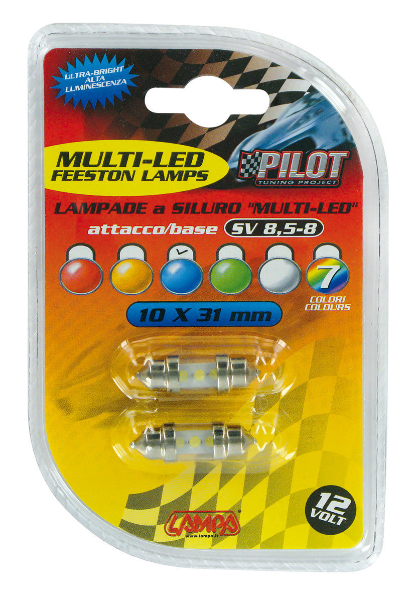 12V Led Series - 3 Led - 10x31 mm - SV8,5-8 - 2 pz - D/Blister - Blu