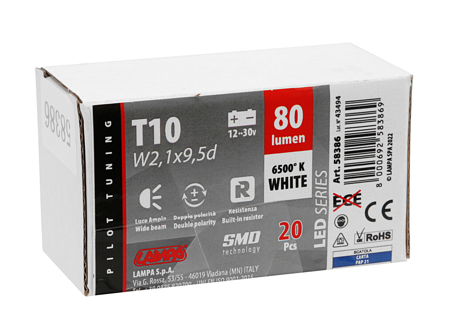 12/24V Led series - 5 Led SMD - (T10) - W2,1x9,5d - 20 pz - Scatola - Bianco - Doppia polarità - Resistenza incorporata
