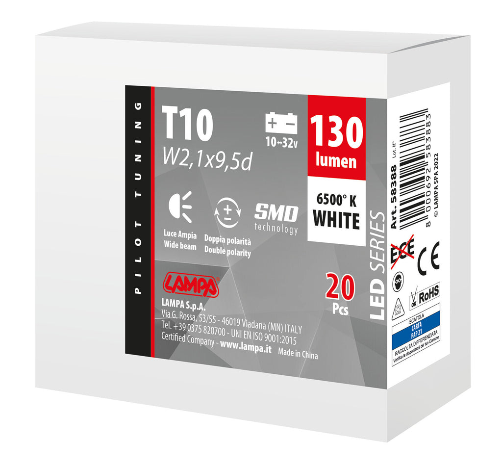 12/24V Led Series 1 SMD x 1 chip - (T10) - W2,1x9,5d - 20 pz - Scatola - Bianco - Doppia polarità - Resistenza incorporata