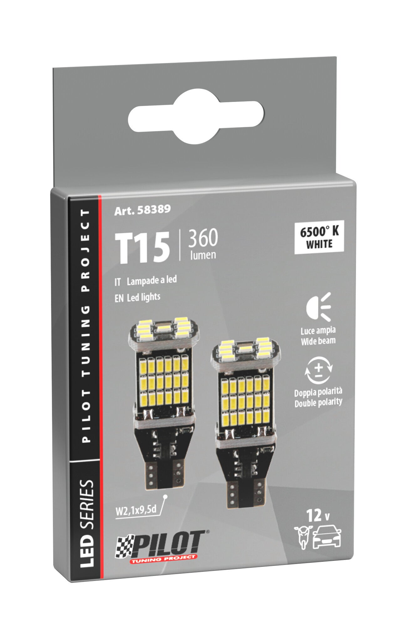 12V Led series - 45 Led SMD - (W16W) - W2,1x9,5d - 2 pz - Scatola - Bianco - Doppia polarità
