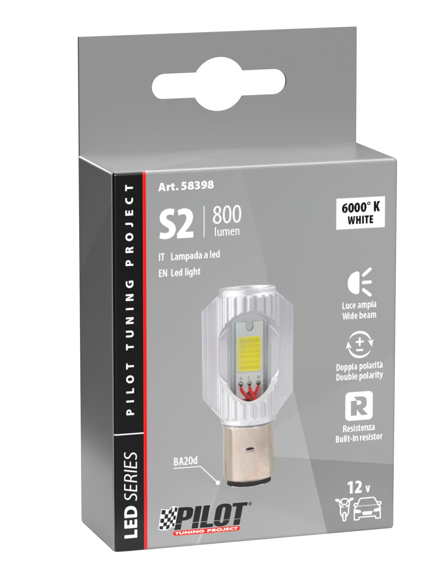 12/24V Mega-Led 2 - 2 SMD x 12 chip - (S2) - BA20d - 1 pz - Scatola - Bianco - Doppia polarità - Resistenza incorporata