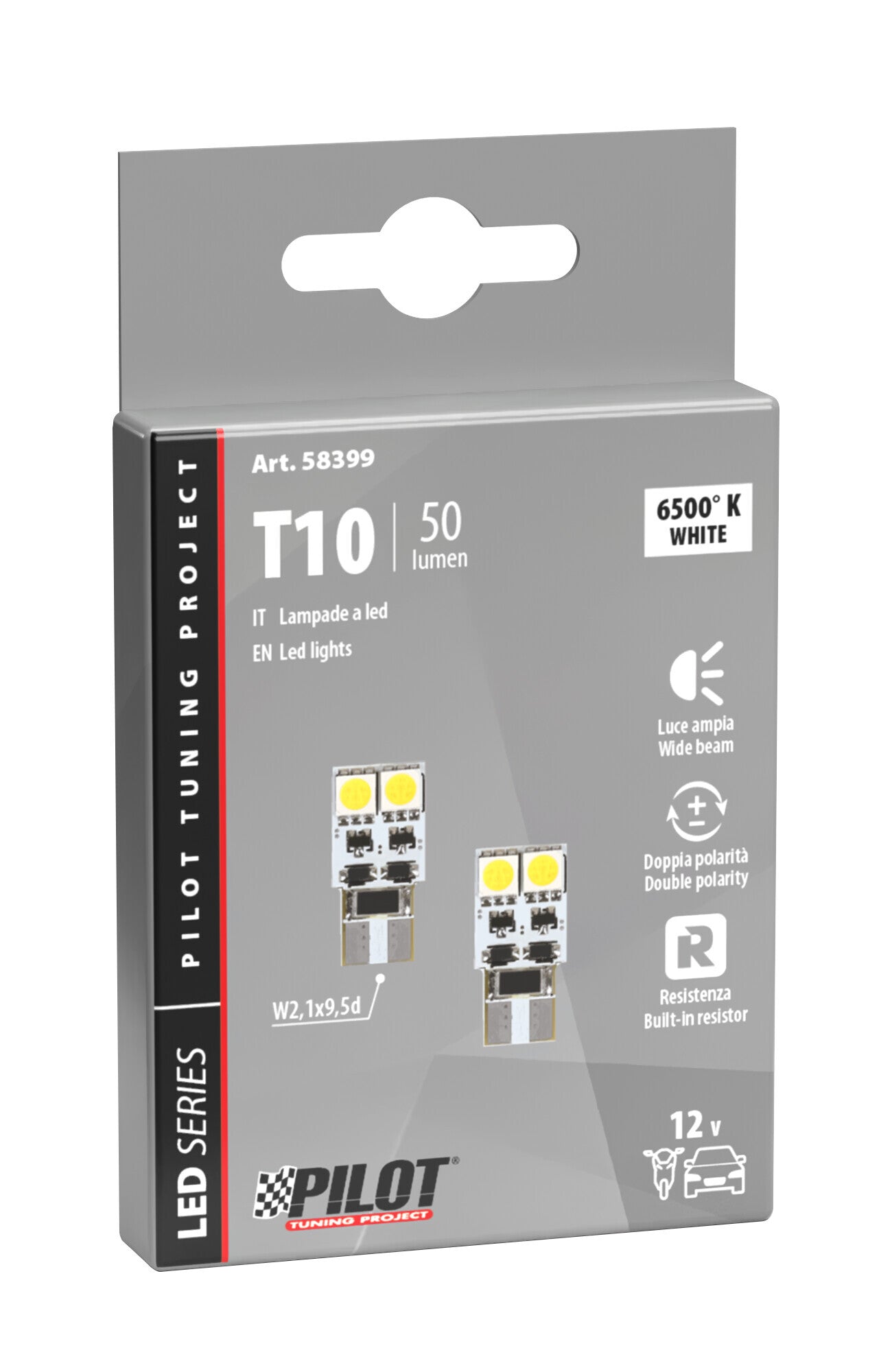 12V Hyper-Led 12 - 4 SMD x 3 chips - (T10) - Bifocus - W2,1x9,5d - 2 pz - Scatola - Bianco - Doppia polarità - Resistenza incorporata