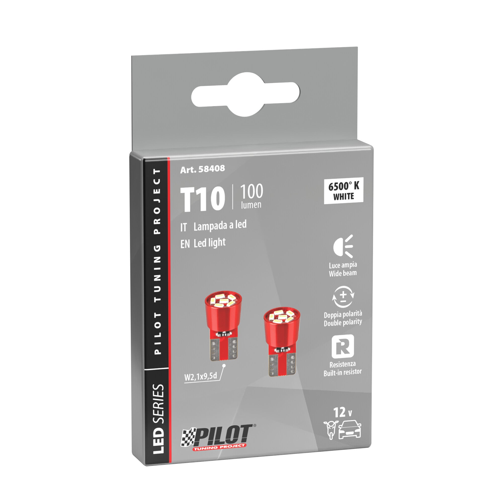 12V Led series - 6 Led SMD - (T10) - W2,1x9,5d - 2 pz - Scatola - Bianco - Doppia polarità - Resistenza incorporata