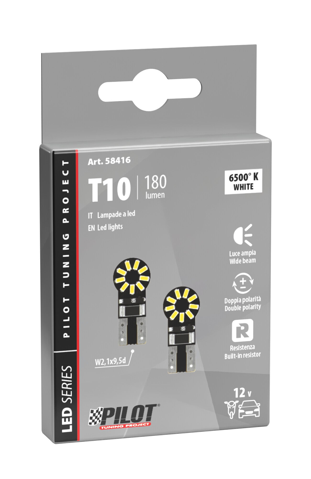 12V Hyper-Led 18 - 18 SMD x 1 chips - (T10) - W2,1x9,5d - 2 pz - Scatola - Bianco - Doppia polarità - Resistenza incorporata