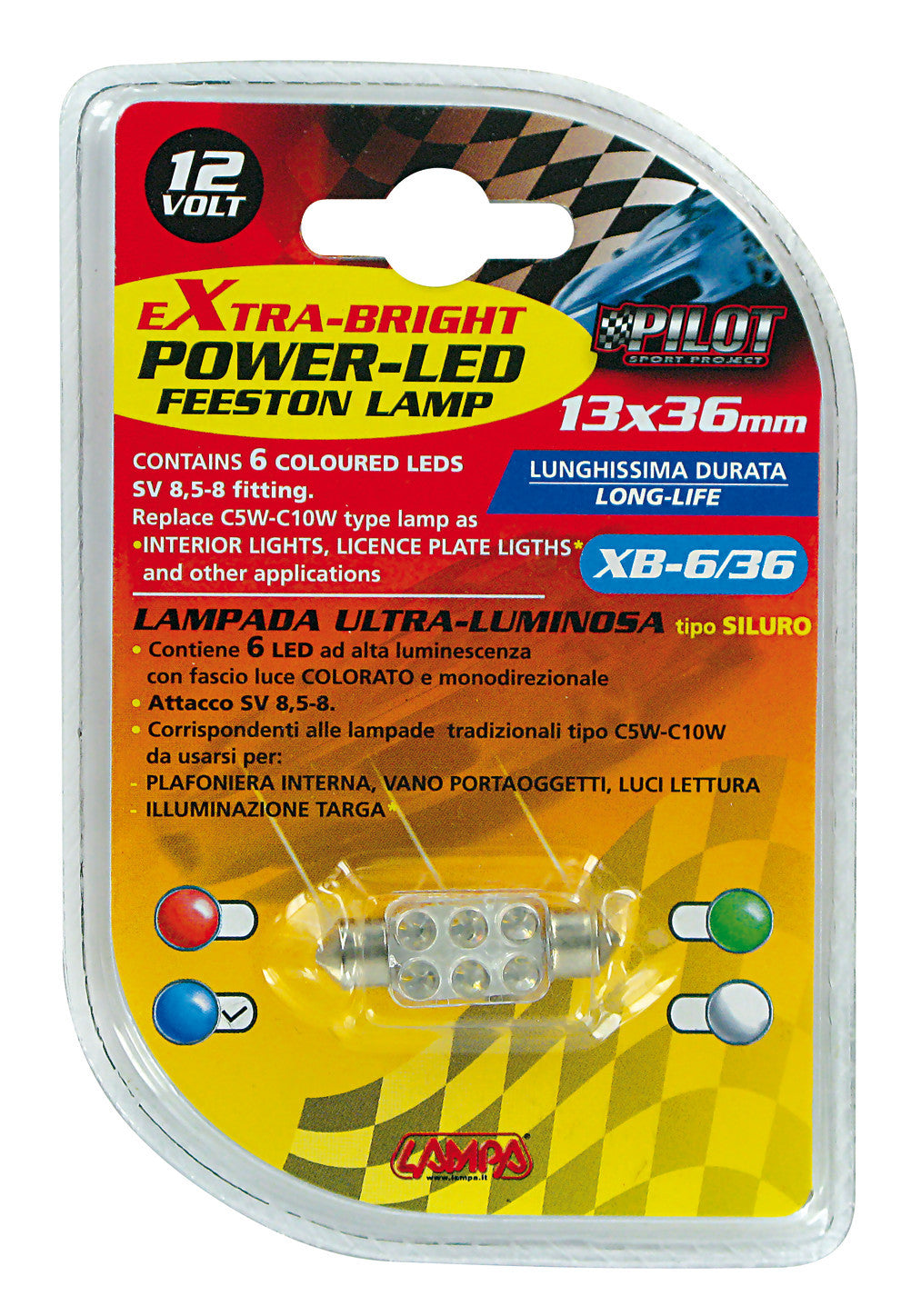 12V Led Series - 6 Led - 13x35 mm - SV8,5-8 - 1 pz - Scatola - Blu