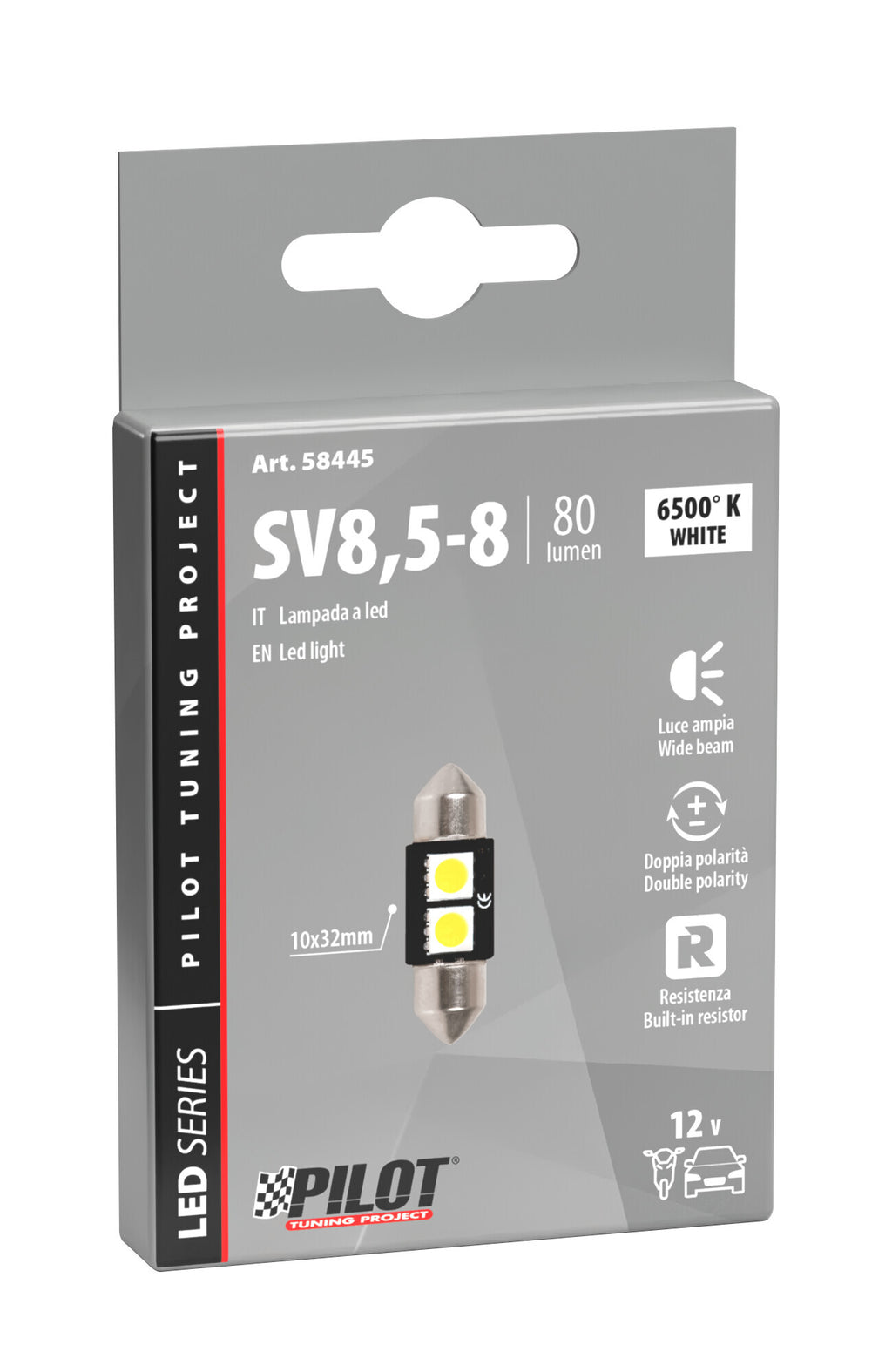 12V Led Series - 2 SMD x 3 chips - 10x32 mm - SV8,5-8 - 1 pz - Scatola - Bianco - Doppia polarità - Resistenza incorporata