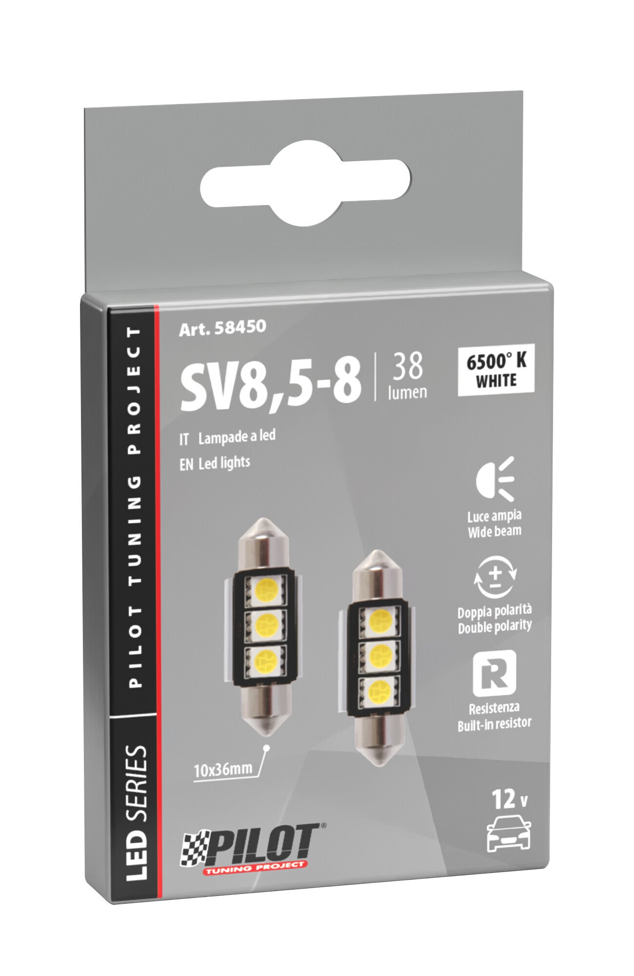 12V Led Series - 3 SMD x 3 chips - (C5W) - 10x36 mm - SV8,5-8 - 1 pz - Scatola - Bianco - Doppia polarità - Resistenza incorporata