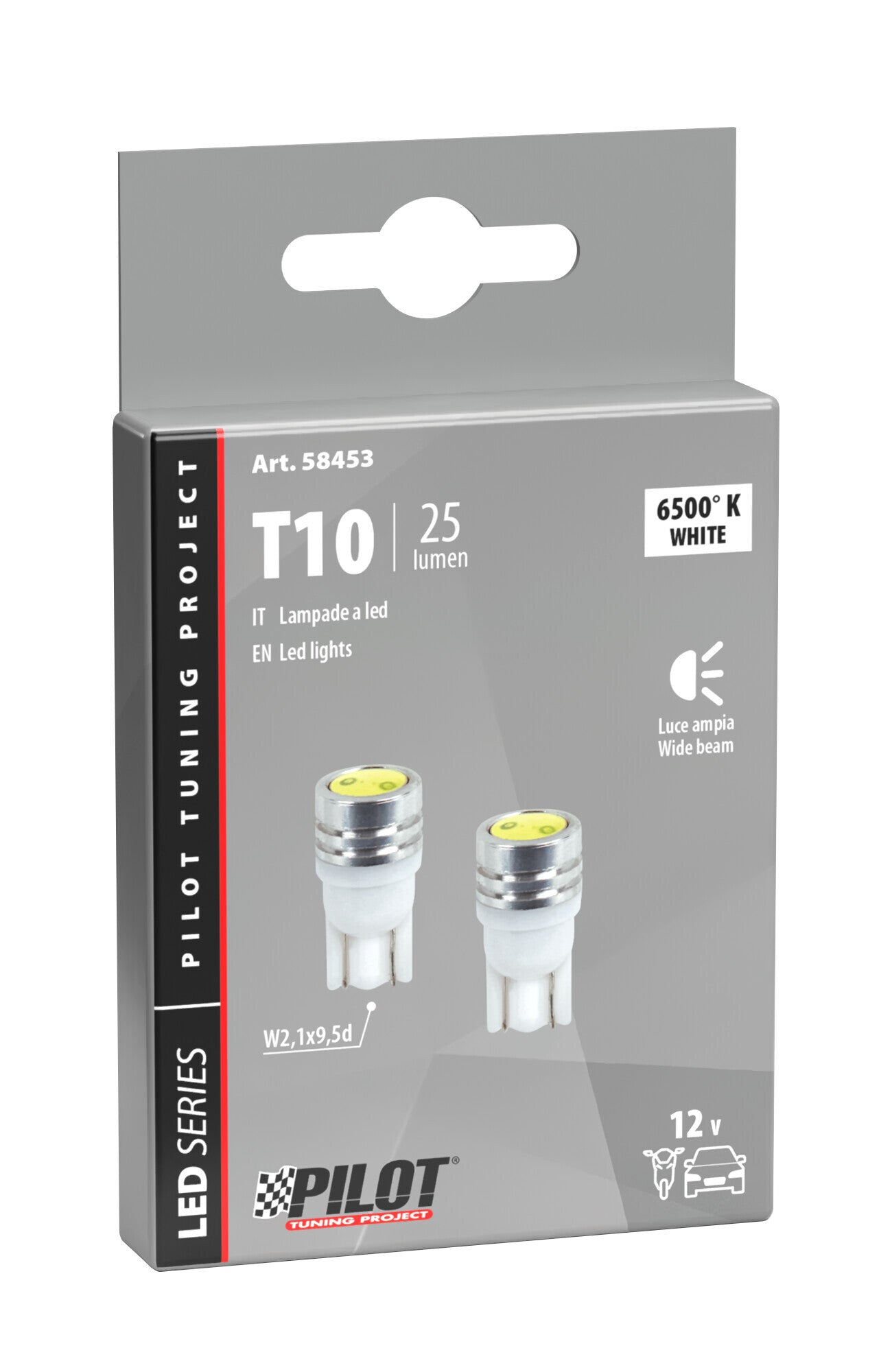 12V Mega-Led 2 - 2 super chips - (T10) - W2,1x9,5d - 2 pz - Scatola - Bianco - Doppia polarità