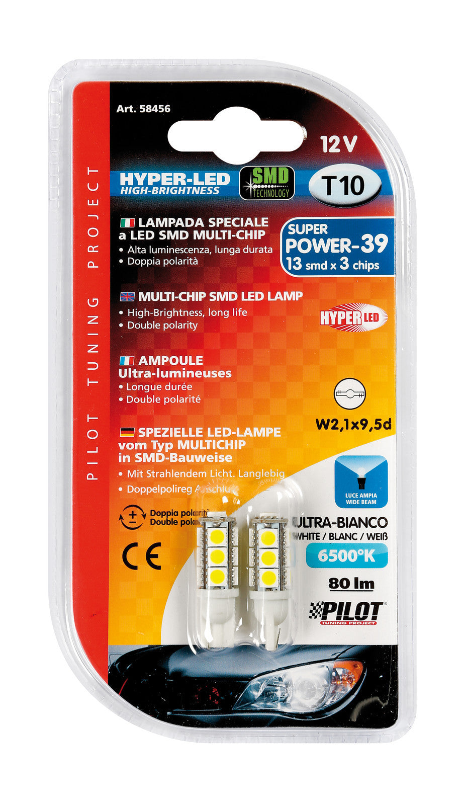 12V Hyper-Led 39 - 13 SMD x 3 chips - (T10) - W2,1x9,5d - 2 pz - D/Blister - Bianco - Doppia polarità